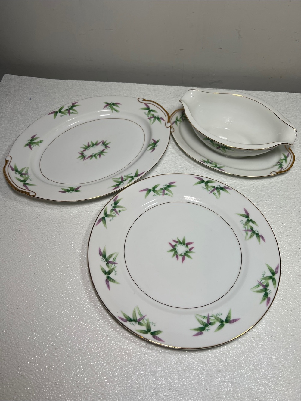 Vtg Harmony House Green Purple Bamboo Mandarin Plate Platter Gravy Boat Japan